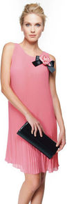 Pleated Dress - style: shift; length: mid thigh; neckline: round neck; pattern: plain; sleeve style: sleeveless; bust detail: pocket detail at bust; waist detail: structured pleats at waist; predominant colour: pink; occasions: evening, occasion; fit: soft a-line; fibres: polyester/polyamide - 100%; hip detail: structured pleats at hip; sleeve length: sleeveless; texture group: sheer fabrics/chiffon/organza etc.; pattern type: fabric; embellishment: corsage