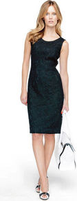 Lace Dress - style: shift; neckline: round neck; fit: tailored/fitted; pattern: plain; sleeve style: sleeveless; predominant colour: black; occasions: evening; length: on the knee; fibres: cotton - mix; sleeve length: sleeveless; texture group: lace; pattern type: fabric; embellishment: lace