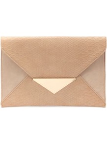 Nude Triangle Lock Clutch - predominant colour: nude; occasions: evening, work, occasion; type of pattern: standard; style: clutch; length: hand carry; size: oversized; material: faux leather; pattern: plain; finish: plain; embellishment: chain/metal