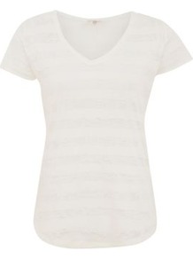White Mesh Stripe V Neck T Shirt - neckline: v-neck; pattern: horizontal stripes; style: t-shirt; predominant colour: white; occasions: casual; length: standard; fibres: cotton - mix; fit: body skimming; sleeve length: short sleeve; sleeve style: standard; pattern type: fabric; pattern size: small & light; texture group: jersey - stretchy/drapey