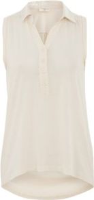 Cream Tab Back Sleeveless Shirt - neckline: shirt collar/peter pan/zip with opening; pattern: plain; sleeve style: sleeveless; style: polo shirt; predominant colour: ivory; occasions: casual; length: standard; fibres: cotton - mix; fit: loose; back detail: longer hem at back than at front; sleeve length: sleeveless; pattern type: fabric; pattern size: standard; texture group: jersey - stretchy/drapey