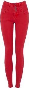 32in Red High Waisted Skinny Jeans - style: skinny leg; length: standard; pattern: plain; waist: high rise; pocket detail: traditional 5 pocket; predominant colour: true red; occasions: casual, evening, holiday; fibres: cotton - stretch; texture group: denim; pattern type: fabric; pattern size: standard