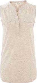 Oatmeal Button Pocket Military Sleeveless Shirt - pattern: plain; sleeve style: sleeveless; length: below the bottom; style: shirt; predominant colour: stone; occasions: casual; neckline: mandarin with v-neck; fibres: polyester/polyamide - 100%; fit: body skimming; sleeve length: sleeveless; pattern type: fabric; pattern size: standard; texture group: jersey - stretchy/drapey
