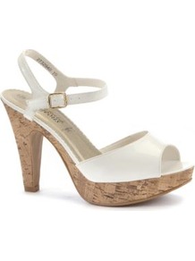 White Patent Cork Platform Sandals - predominant colour: white; occasions: casual, evening, holiday; material: faux leather; heel height: high; ankle detail: ankle strap; heel: platform; toe: open toe/peeptoe; style: standard; finish: patent; pattern: plain