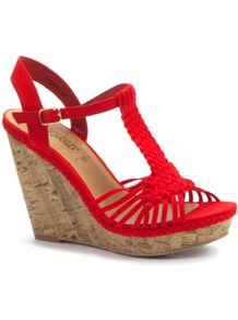 Red Woven Strap Cork Wedges - predominant colour: true red; occasions: casual, evening, holiday; material: fabric; ankle detail: ankle strap; heel: wedge; toe: open toe/peeptoe; style: standard; finish: plain; pattern: plain; heel height: very high