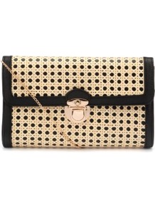 Black And Beige Woven Circle Clutch - predominant colour: stone; occasions: casual, evening, occasion, holiday; type of pattern: large; style: clutch; length: hand carry; size: small; material: macrame/raffia/straw; finish: plain; pattern: patterned/print