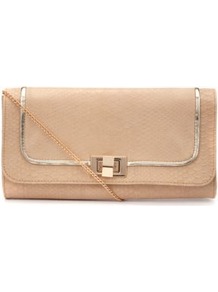 Oatmeal Snake Print Structured Clutch - predominant colour: nude; occasions: evening, occasion, holiday; type of pattern: light; style: clutch; length: hand carry; size: standard; material: faux leather; pattern: animal print; finish: plain; embellishment: chain/metal