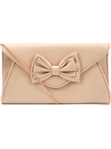 Shell Pink Bow Envelope Clutch - predominant colour: nude; occasions: evening, occasion; type of pattern: standard; style: clutch; length: hand carry; size: small; material: faux leather; pattern: plain; finish: plain; embellishment: bow