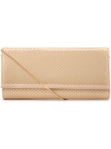 Gold Polka Dot Metal Trim Clutch - predominant colour: gold; occasions: evening, occasion, holiday; type of pattern: standard; style: clutch; length: hand carry; size: standard; material: faux leather; pattern: polka dot; trends: metallics; finish: plain; embellishment: chain/metal
