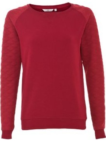 Plum Quilted Sleeve Sweater - neckline: round neck; pattern: plain; style: standard; shoulder detail: contrast pattern/fabric at shoulder; predominant colour: burgundy; occasions: casual; length: standard; fibres: polyester/polyamide - mix; fit: standard fit; sleeve length: long sleeve; sleeve style: standard; texture group: knits/crochet; pattern type: knitted - other; pattern size: standard