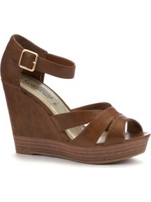 Tan Leather Look Strap Wood Effect Wedges - predominant colour: tan; occasions: casual, evening, holiday; material: faux leather; ankle detail: ankle strap; heel: wedge; toe: open toe/peeptoe; style: strappy; finish: plain; pattern: plain; heel height: very high