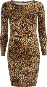 Brown Animal Print Dress - length: mid thigh; neckline: round neck; fit: tight; style: bodycon; predominant colour: tan; secondary colour: black; occasions: casual, evening; fibres: polyester/polyamide - stretch; sleeve length: long sleeve; sleeve style: standard; texture group: jersey - clingy; pattern type: fabric; pattern size: small & busy; pattern: animal print