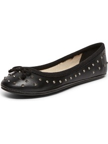 Black Studded Round Toe Pumps - predominant colour: black; occasions: casual, work; material: faux leather; heel height: flat; embellishment: studs; toe: round toe; style: ballerinas / pumps; finish: plain; pattern: plain