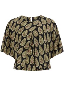 Black Printed Cape Blouse - sleeve style: dolman/batwing; style: blouse; secondary colour: khaki; predominant colour: black; occasions: casual, evening, work; length: standard; fibres: viscose/rayon - 100%; fit: straight cut; neckline: crew; back detail: keyhole/peephole detail at back; sleeve length: short sleeve; texture group: cotton feel fabrics; pattern type: fabric; pattern size: small & busy; pattern: patterned/print