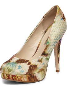Feather Platform Courts - predominant colour: chocolate brown; secondary colour: stone; occasions: evening, work, occasion; material: faux leather; heel height: high; heel: stiletto; toe: round toe; style: courts; finish: plain; pattern: animal print