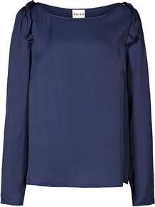 Emilia Frill Shoulder Top - neckline: slash/boat neckline; pattern: plain; shoulder detail: tiers/frills/ruffles; style: blouse; predominant colour: royal blue; occasions: casual, evening, work; length: standard; fit: straight cut; sleeve length: long sleeve; sleeve style: standard; texture group: silky - light; pattern type: fabric; fibres: viscose/rayon - mix