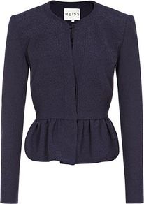Lance Peplum Frill Jacket - pattern: plain; style: single breasted blazer; collar: round collar/collarless; predominant colour: navy; occasions: casual, evening, work, occasion; length: standard; fit: tailored/fitted; waist detail: peplum detail at waist; sleeve length: long sleeve; sleeve style: standard; collar break: high; pattern type: fabric; texture group: woven light midweight; fibres: viscose/rayon - mix
