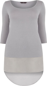Grey Chiffon Hem Top - pattern: plain; length: below the bottom; predominant colour: light grey; occasions: casual; style: top; fibres: viscose/rayon - stretch; fit: body skimming; neckline: crew; hip detail: contrast fabric/print detail at hip; back detail: longer hem at back than at front; sleeve length: 3/4 length; sleeve style: standard; texture group: sheer fabrics/chiffon/organza etc.; pattern type: fabric; pattern size: standard