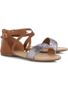 Tan And Glitter Cross Strap Sandals - predominant colour: tan; occasions: casual, evening, holiday; material: faux leather; heel height: flat; embellishment: glitter; ankle detail: ankle strap; heel: standard; toe: open toe/peeptoe; style: strappy; finish: plain; pattern: plain