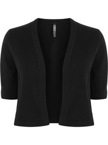 Black Cotton Bolero - pattern: plain; style: bolero/shrug; collar: shawl/waterfall; length: cropped; fit: slim fit; predominant colour: black; occasions: casual, evening, work, occasion; fibres: cotton - mix; sleeve length: short sleeve; sleeve style: standard; texture group: knits/crochet; collar break: low/open; pattern type: knitted - other; pattern size: standard