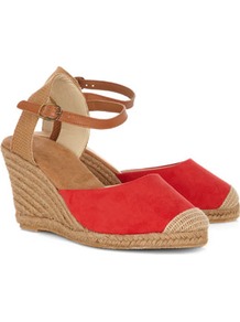 Red Espadrille Wedge Sandals - predominant colour: coral; occasions: casual, holiday; material: fabric; heel height: mid; embellishment: buckles; ankle detail: ankle strap; heel: wedge; style: strappy; finish: plain; pattern: plain