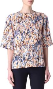 Printed Silk Top - secondary colour: pale blue; predominant colour: nude; occasions: casual, evening, work; length: standard; style: top; fibres: silk - 100%; fit: straight cut; neckline: crew; sleeve length: half sleeve; sleeve style: standard; texture group: silky - light; trends: statement prints; pattern type: fabric; pattern size: standard; pattern: patterned/print