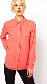 Shirt With Layered Placket - neckline: shirt collar/peter pan/zip with opening; pattern: plain; style: shirt; bust detail: pocket detail at bust; predominant colour: coral; occasions: casual, evening, work; length: standard; fibres: polyester/polyamide - 100%; fit: straight cut; sleeve length: long sleeve; sleeve style: standard; texture group: crepes; pattern type: fabric