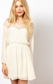 Skater Dress With Lace Yoke - length: mid thigh; fit: fitted at waist; pattern: plain; style: full skirt; waist detail: elasticated waist; sleeve style: balloon; shoulder detail: contrast pattern/fabric at shoulder; back detail: contrast pattern/fabric at back; bust detail: buttons at bust (in middle at breastbone)/zip detail at bust; predominant colour: ivory; occasions: casual, evening, occasion; neckline: scoop; fibres: polyester/polyamide - 100%; hip detail: ruching/gathering at hip; sleeve length: long sleeve; texture group: sheer fabrics/chiffon/organza etc.; trends: volume; pattern type: fabric; embellishment: lace
