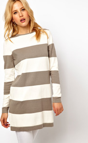 Stripe Knit Jumper Dress - style: jumper dress; length: mini; neckline: round neck; fit: loose; pattern: horizontal stripes; secondary colour: ivory; predominant colour: taupe; fibres: cotton - mix; sleeve length: long sleeve; sleeve style: standard; texture group: knits/crochet; pattern type: knitted - other; pattern size: standard