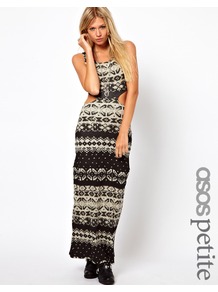 Petite Exclusive Maxi Dress In Aztec Print With Cut Out Detail - neckline: round neck; sleeve style: sleeveless; style: maxi dress; back detail: low cut/open back; secondary colour: stone; predominant colour: black; occasions: evening, holiday; length: floor length; fit: body skimming; fibres: viscose/rayon - stretch; waist detail: cut out detail; sleeve length: sleeveless; texture group: jersey - clingy; trends: statement prints; pattern type: fabric; pattern size: big & busy; pattern: patterned/print