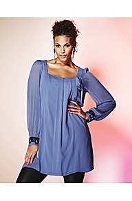 Grazia Beaded Cuff Tunic Top - pattern: plain; length: below the bottom; style: smock; predominant colour: denim; occasions: casual, evening, work; fibres: polyester/polyamide - 100%; fit: loose; sleeve length: long sleeve; sleeve style: standard; neckline: low square neck; pattern type: fabric; texture group: jersey - stretchy/drapey