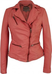 Sirius Leather Biker Jacket In Coral - pattern: plain; style: biker; collar: asymmetric biker; fit: slim fit; predominant colour: coral; occasions: casual; length: standard; fibres: leather - 100%; sleeve length: long sleeve; sleeve style: standard; texture group: leather; collar break: medium; pattern type: fabric