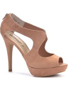 Nude Cut Out Peep Toe Heels - predominant colour: nude; occasions: evening, work, occasion, holiday; material: fabric; heel height: high; embellishment: zips; ankle detail: ankle strap; heel: platform; toe: open toe/peeptoe; style: standard; finish: plain; pattern: plain