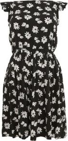 Black Daisy Print Pleat Sleeve Dress - style: shift; length: mid thigh; sleeve style: capped; fit: fitted at waist; neckline: high neck; waist detail: fitted waist; secondary colour: white; predominant colour: black; occasions: casual, evening, holiday; fibres: polyester/polyamide - 100%; hip detail: ruching/gathering at hip; sleeve length: sleeveless; pattern type: fabric; pattern size: small & busy; pattern: patterned/print; texture group: jersey - stretchy/drapey