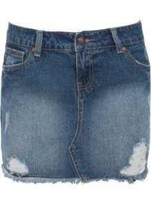 Blue Denim Rip Raw Edge Mini Skirt - length: mini; pattern: plain; fit: tight; waist: mid/regular rise; predominant colour: denim; occasions: casual, holiday; style: mini skirt; fibres: cotton - 100%; texture group: denim; pattern type: fabric; pattern size: standard
