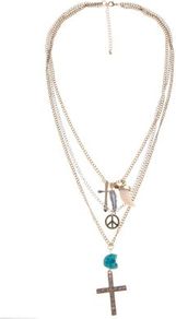 Gold And Silver Layered Crucifix And Germstone Charm Necklace - secondary colour: silver; predominant colour: gold; occasions: casual, holiday; style: multistrand; length: mid; size: standard; material: chain/metal; finish: metallic; embellishment: chain/metal