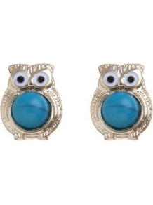 Gold And Turquoise Stone Owl Stud Earrings - predominant colour: turquoise; occasions: casual, work, holiday; style: stud; length: short; size: small; material: chain/metal; fastening: pierced; finish: plain; embellishment: beading