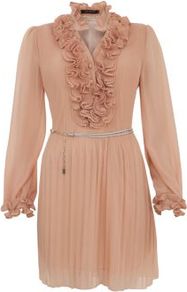 Pink Frill Neck Long Sleeve Belted Dress - style: shift; length: mid thigh; neckline: v-neck; fit: fitted at waist; pattern: plain; waist detail: belted waist/tie at waist/drawstring; predominant colour: pink; occasions: evening, occasion, holiday; fibres: polyester/polyamide - 100%; hip detail: structured pleats at hip; sleeve length: long sleeve; sleeve style: standard; texture group: sheer fabrics/chiffon/organza etc.; bust detail: tiers/frills/bulky drapes/pleats; pattern type: fabric