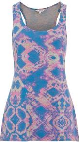 Blue Neon Abstract Aztec Vest - sleeve style: sleeveless; style: vest top; back detail: racer back/sports back; predominant colour: lilac; occasions: casual, holiday; length: standard; neckline: scoop; fibres: cotton - 100%; fit: body skimming; sleeve length: sleeveless; trends: statement prints; pattern type: fabric; pattern size: big & busy; pattern: patterned/print; texture group: jersey - stretchy/drapey