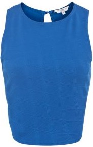 Blue Geo Textured Crop Top - pattern: plain; sleeve style: sleeveless; length: cropped; predominant colour: diva blue; occasions: casual, evening, holiday; style: top; fibres: polyester/polyamide - 100%; fit: body skimming; neckline: crew; back detail: keyhole/peephole detail at back; sleeve length: sleeveless; texture group: cotton feel fabrics; pattern type: fabric