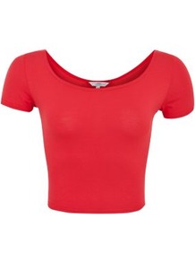 Red Crop T Shirt - pattern: plain; back detail: cowl/draping/scoop at back; length: cropped; style: t-shirt; predominant colour: true red; occasions: casual, evening, holiday; neckline: scoop; fibres: polyester/polyamide - stretch; fit: body skimming; sleeve length: short sleeve; sleeve style: standard; pattern type: fabric; pattern size: standard; texture group: jersey - stretchy/drapey