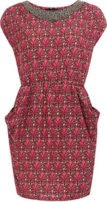 Embellished Collar Dress - style: shift; length: mid thigh; neckline: round neck; sleeve style: capped; fit: fitted at waist; waist detail: fitted waist; hip detail: side pockets at hip; secondary colour: primrose yellow; occasions: casual, evening, holiday; fibres: polyester/polyamide - 100%; sleeve length: sleeveless; pattern type: fabric; pattern size: standard; pattern: patterned/print; texture group: jersey - stretchy/drapey; predominant colour: dusky pink; embellishment: beading