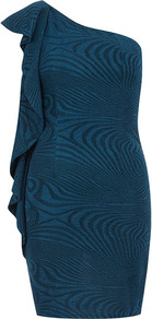 Blue One Shoulder Bodycon Dress - length: mini; fit: tight; sleeve style: sleeveless; style: bodycon; neckline: asymmetric; shoulder detail: tiers/frills/ruffles; waist detail: twist front waist detail/nipped in at waist on one side/soft pleats/draping/ruching/gathering waist detail; predominant colour: teal; occasions: evening, occasion; fibres: polyester/polyamide - stretch; sleeve length: sleeveless; hip detail: ruffles/tiers/tie detail at hip; pattern type: fabric; pattern size: standard; pattern: patterned/print; texture group: other - stretchy