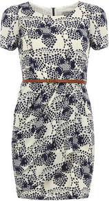Navy Pebble Tea Dress - style: shift; neckline: round neck; sleeve style: capped; waist detail: belted waist/tie at waist/drawstring; secondary colour: ivory; predominant colour: navy; occasions: casual, evening; length: just above the knee; fit: body skimming; fibres: polyester/polyamide - 100%; hip detail: soft pleats at hip/draping at hip/flared at hip; sleeve length: short sleeve; trends: glamorous day shifts; pattern type: fabric; pattern size: big & busy; pattern: patterned/print; texture group: other - light to midweight
