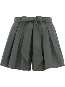 Green Shorts With Bow Belt - pattern: plain; style: shorts; waist detail: belted waist/tie at waist/drawstring; length: mid thigh shorts; waist: mid/regular rise; predominant colour: dark green; occasions: casual, evening, work, holiday; fibres: polyester/polyamide - 100%; hip detail: front pleats at hip level; texture group: cotton feel fabrics; fit: flares; pattern type: fabric