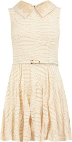 Cream Crochet Collar Dress - length: mid thigh; pattern: plain; sleeve style: sleeveless; shoulder detail: contrast pattern/fabric at shoulder; waist detail: belted waist/tie at waist/drawstring; bust detail: ruching/gathering/draping/layers/pintuck pleats at bust; predominant colour: blush; secondary colour: nude; occasions: casual, evening, work, occasion, holiday; fit: fitted at waist & bust; style: fit & flare; fibres: polyester/polyamide - stretch; neckline: no opening/shirt collar/peter pan; hip detail: soft pleats at hip/draping at hip/flared at hip; sleeve length: sleeveless; trends: volume; pattern type: fabric; pattern size: small & busy; texture group: jersey - stretchy/drapey; embellishment: lace