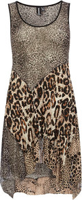 Brown Crinkle Skirt Dress - length: mid thigh; sleeve style: sleeveless; secondary colour: ivory; predominant colour: stone; occasions: evening, holiday; fit: soft a-line; style: asymmetric (hem); neckline: scoop; fibres: polyester/polyamide - stretch; hip detail: soft pleats at hip/draping at hip/flared at hip; sleeve length: sleeveless; texture group: sheer fabrics/chiffon/organza etc.; pattern type: fabric; pattern size: big & busy; pattern: animal print