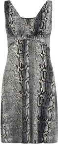 Multi Grey Snake Print Dress - style: shift; neckline: low v-neck; fit: empire; sleeve style: sleeveless; predominant colour: mid grey; secondary colour: black; occasions: evening, occasion; length: just above the knee; fibres: polyester/polyamide - stretch; sleeve length: sleeveless; pattern type: fabric; pattern size: standard; pattern: animal print; texture group: jersey - stretchy/drapey