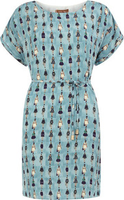 Blue Comic Pattern Dress - style: tunic; length: mid thigh; neckline: round neck; sleeve style: dolman/batwing; waist detail: belted waist/tie at waist/drawstring; predominant colour: pale blue; occasions: casual, evening, holiday; fit: straight cut; fibres: cotton - 100%; sleeve length: short sleeve; texture group: cotton feel fabrics; pattern type: fabric; pattern size: small & busy; pattern: patterned/print