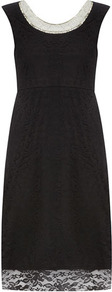 Black Embellished Lace Dress - style: shift; neckline: round neck; sleeve style: capped; pattern: plain; back detail: low cut/open back; predominant colour: black; occasions: evening, occasion; length: on the knee; fit: soft a-line; fibres: polyester/polyamide - stretch; sleeve length: sleeveless; texture group: lace; trends: glamorous day shifts; pattern type: fabric; embellishment: pearls